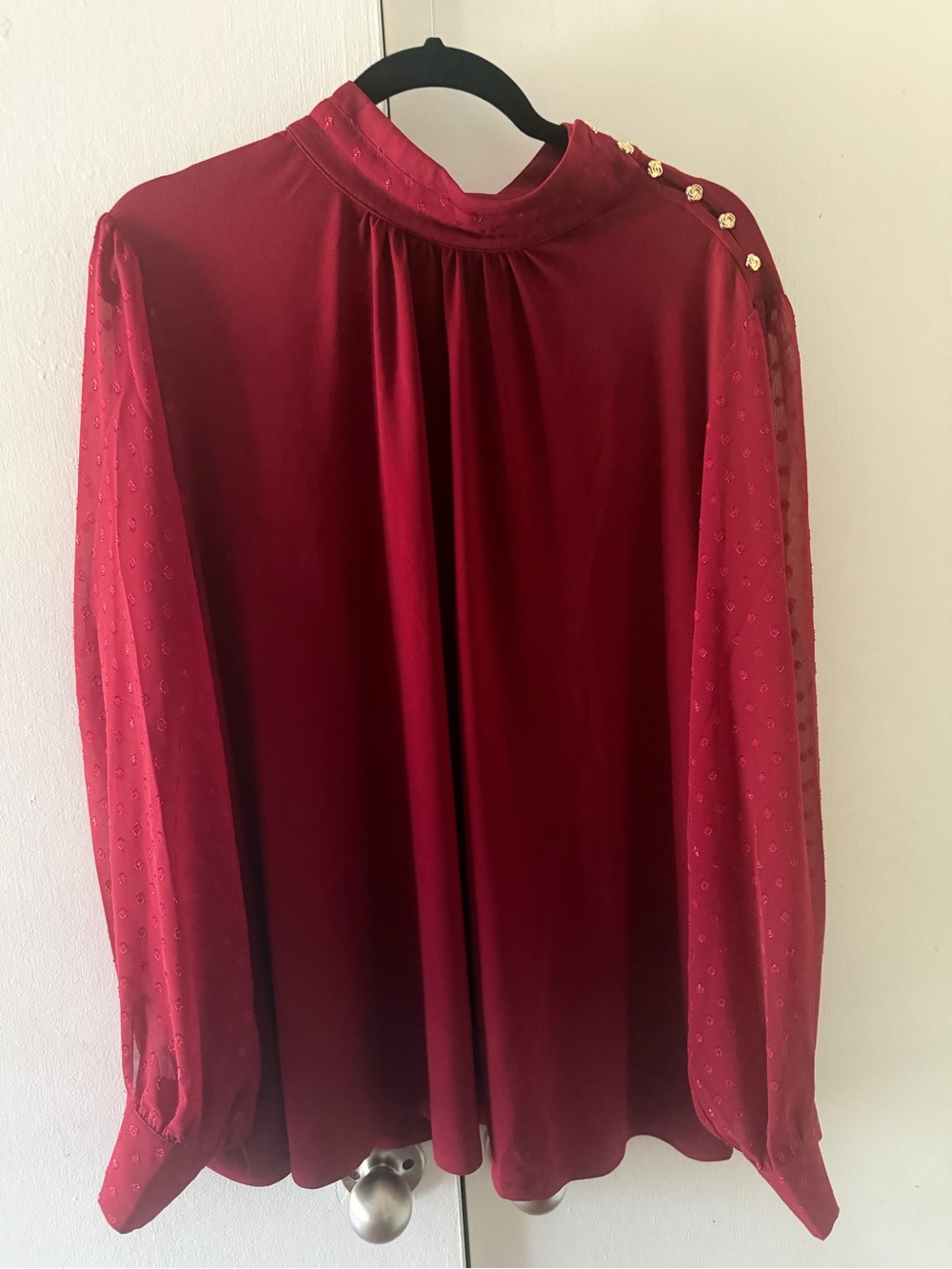 Belldini Burgundy Long-Sleeve High-Neck Blouse with Shoulder Buttons